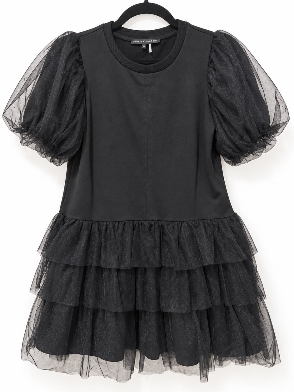 English Factory Black Tulle Puff Sleeve Tiered Mini Dress XS